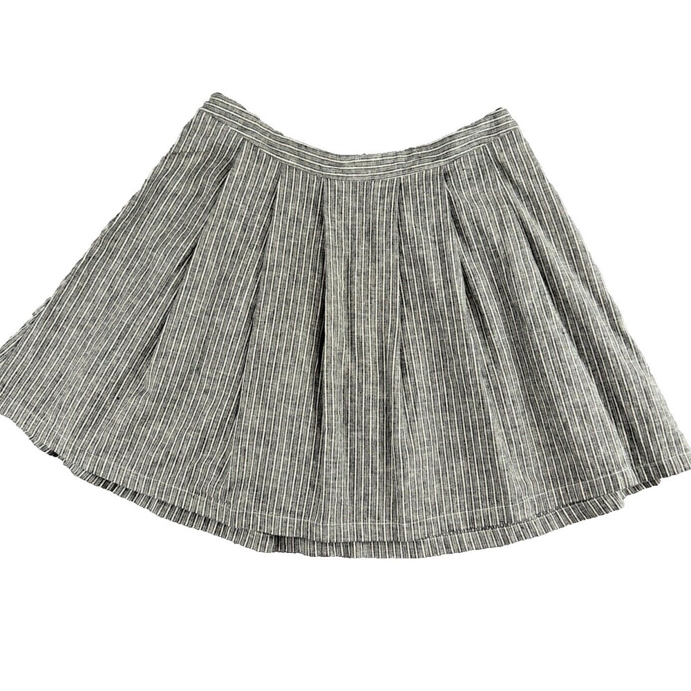 Nolitha M Black White Striped Linen Blend Pleated Mini‎ Skirt Preppy Academia